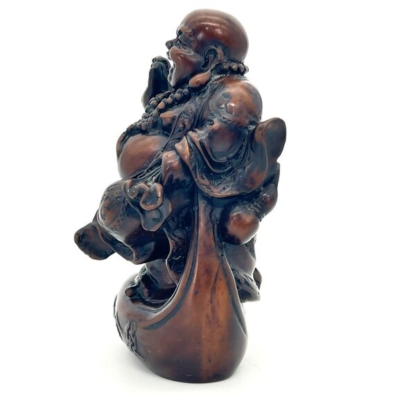 Laughing Buddha Figurine 6" Carved Solid Wood Dark Stain Chinese Script 1.5 lbs - Picture 3 of 14